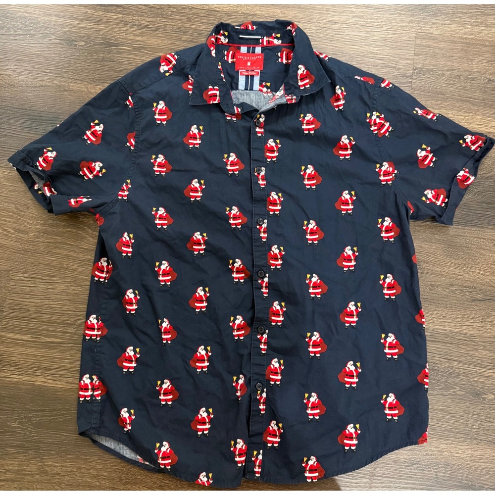 Denim & Flower Ricky Singh Santa Shirt Mens XL Navy Christmas Short Sleeve